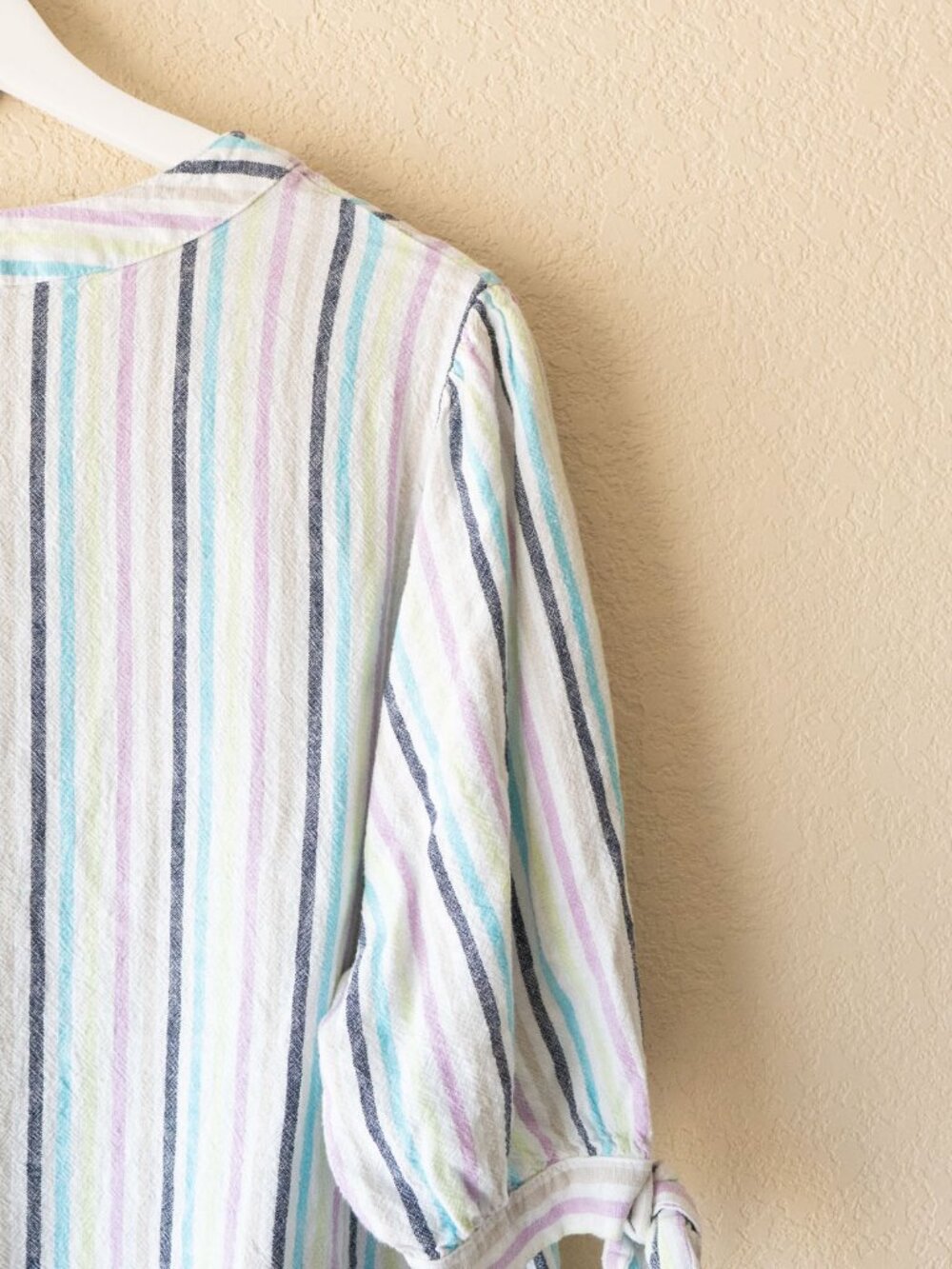Kim Rogers Linen Blend Top XL Pastel Stripe Tie Sleeve Popover Blouse Coastal - Picture 12 of 14